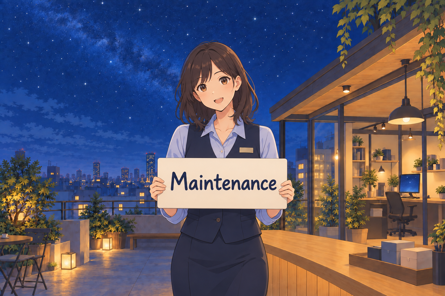 Our studio host holding a Maintenance sign beneath the starry city sky.
